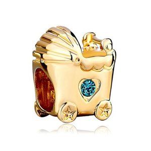 FREE S/H Baby Buggy Mom Gold Plated & Blue Crystal Bracelet Charm - Fits Pandora